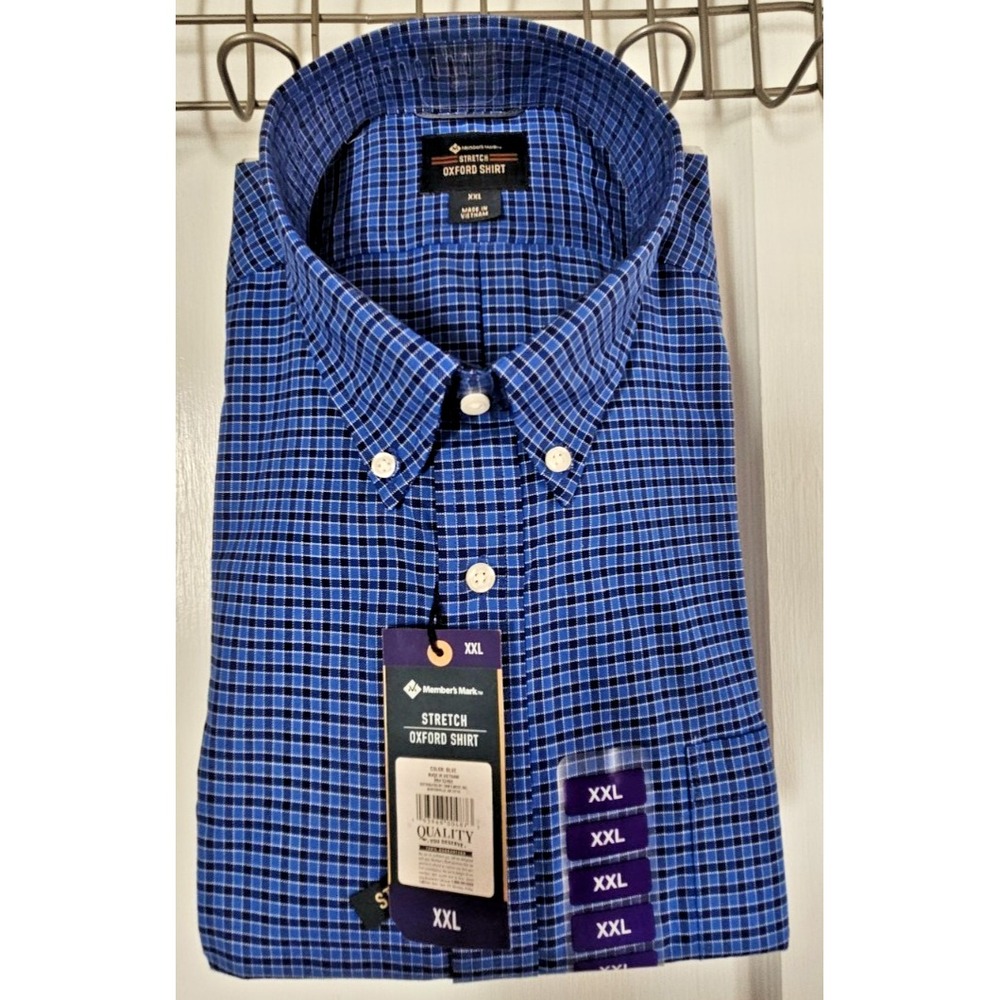 NWT Member's Mark stretch oxford shirt blue checkered button up Men XXL